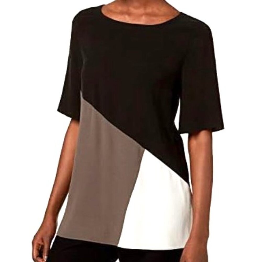 SiLK Eileen Fisher Colorblocked Tunic Top Side Slits Half Sleeve Luxe Soft XXS